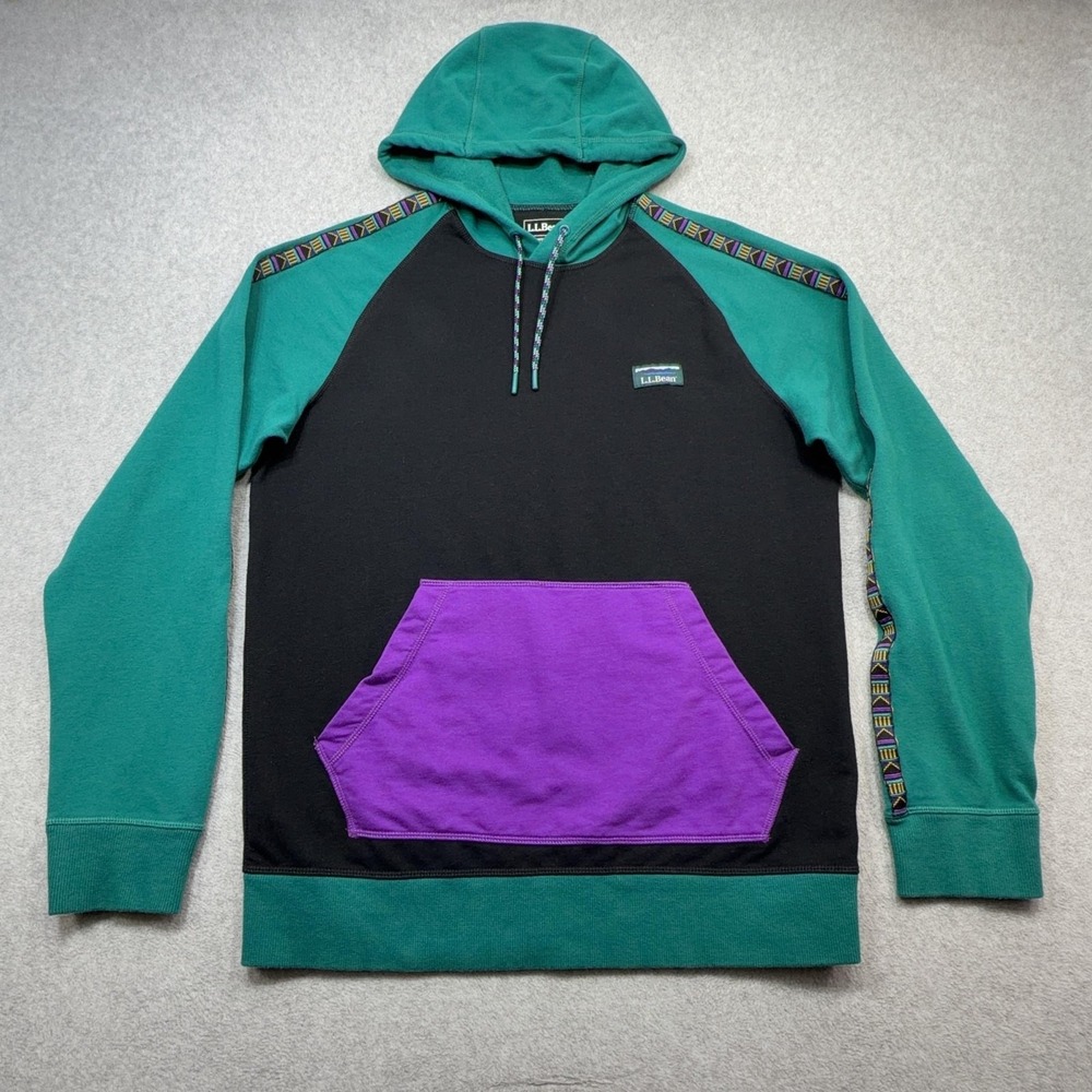 LL Bean Hoodie Mens Medium Black Green Colorblock Aztec Tribal Trim Fleece